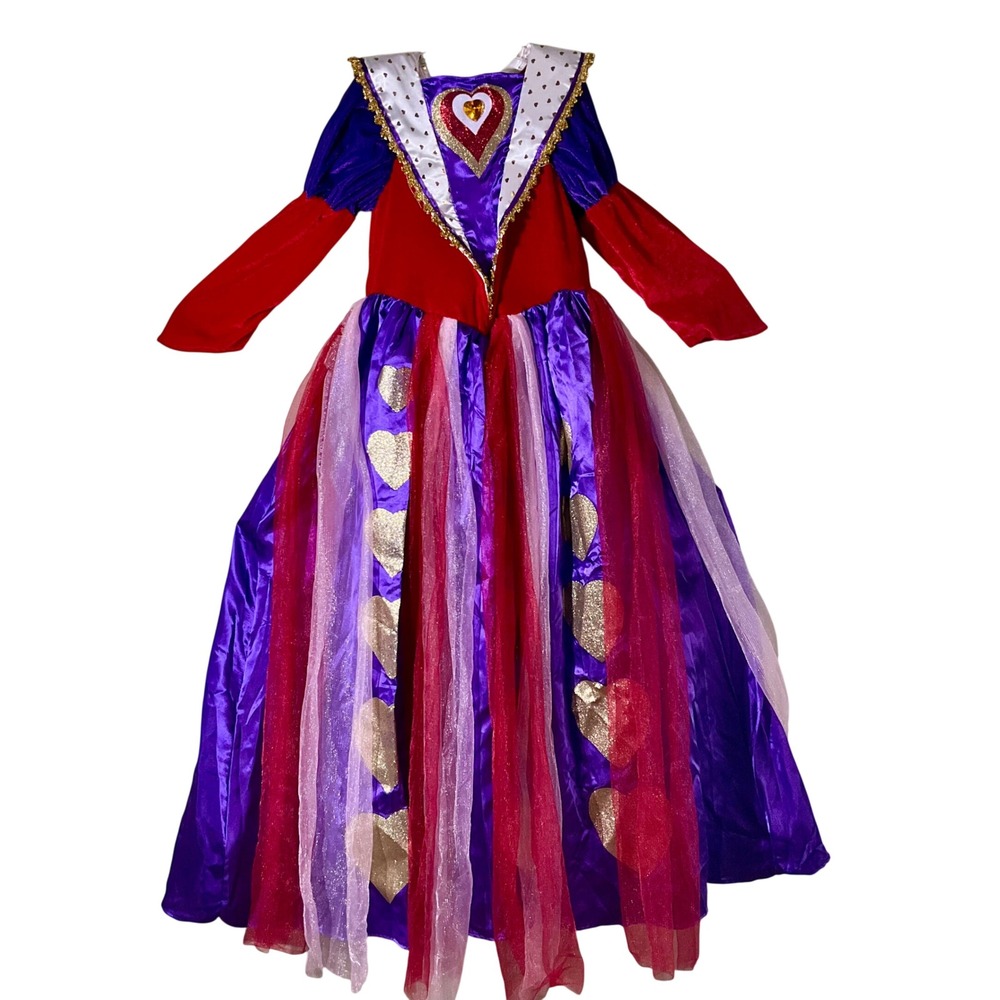 Queen of Hearts Costume Dress Girls 10/12Y Gold Hearts Gown Alice in Wonderland